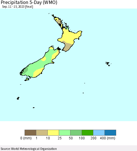 New Zealand Precipitation 5-Day (WMO) Thematic Map For 9/11/2023 - 9/15/2023
