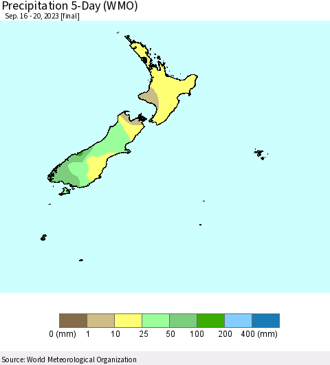 New Zealand Precipitation 5-Day (WMO) Thematic Map For 9/16/2023 - 9/20/2023