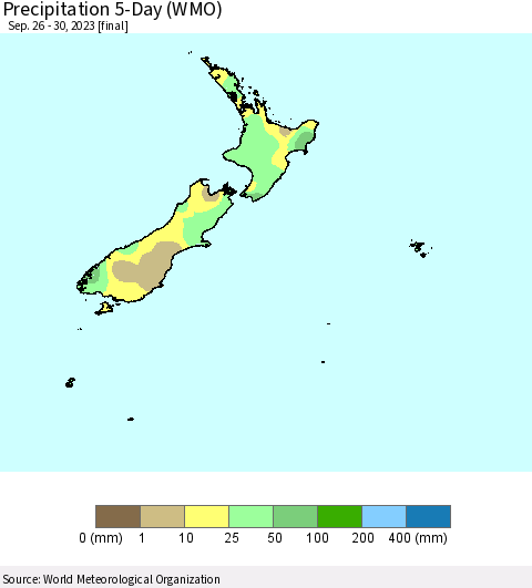 New Zealand Precipitation 5-Day (WMO) Thematic Map For 9/26/2023 - 9/30/2023
