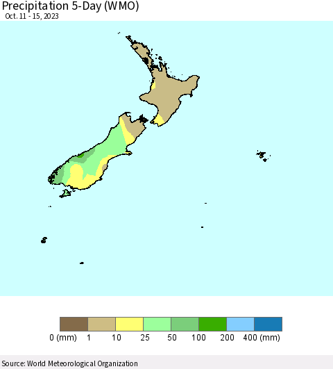 New Zealand Precipitation 5-Day (WMO) Thematic Map For 10/11/2023 - 10/15/2023