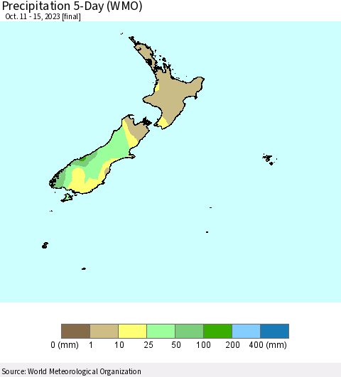 New Zealand Precipitation 5-Day (WMO) Thematic Map For 10/11/2023 - 10/15/2023