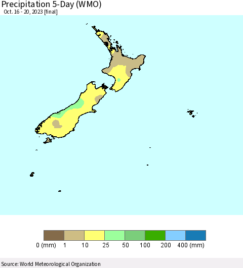 New Zealand Precipitation 5-Day (WMO) Thematic Map For 10/16/2023 - 10/20/2023