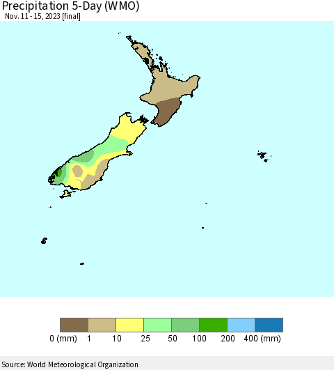 New Zealand Precipitation 5-Day (WMO) Thematic Map For 11/11/2023 - 11/15/2023