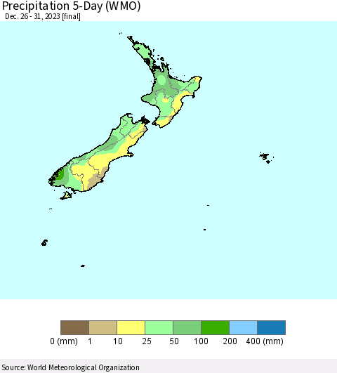 New Zealand Precipitation 5-Day (WMO) Thematic Map For 12/26/2023 - 12/31/2023
