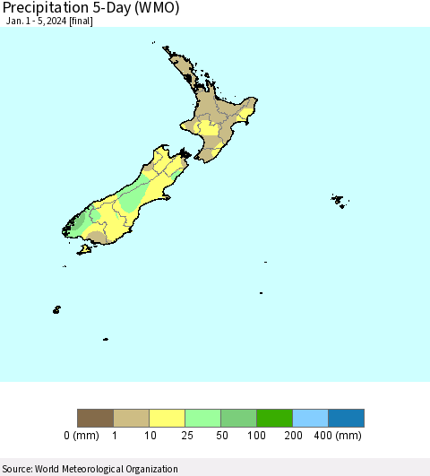 New Zealand Precipitation 5-Day (WMO) Thematic Map For 1/1/2024 - 1/5/2024