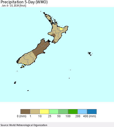 New Zealand Precipitation 5-Day (WMO) Thematic Map For 1/6/2024 - 1/10/2024