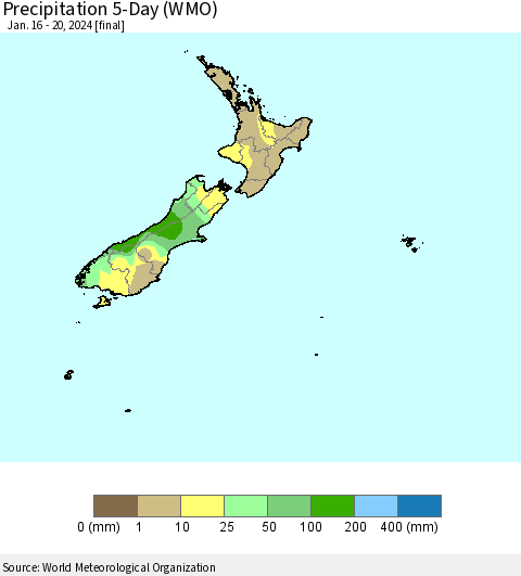 New Zealand Precipitation 5-Day (WMO) Thematic Map For 1/16/2024 - 1/20/2024