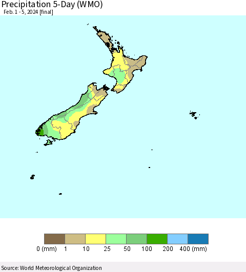 New Zealand Precipitation 5-Day (WMO) Thematic Map For 2/1/2024 - 2/5/2024
