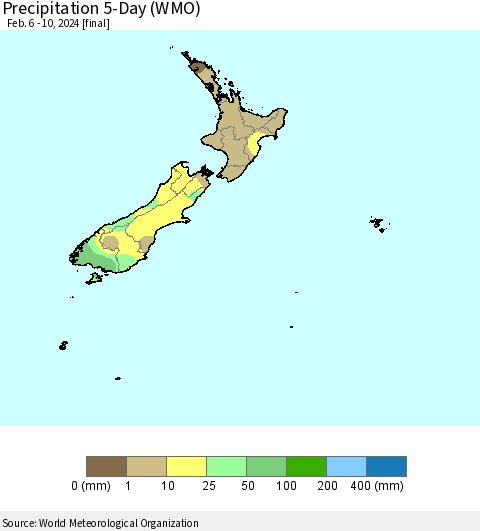 New Zealand Precipitation 5-Day (WMO) Thematic Map For 2/6/2024 - 2/10/2024