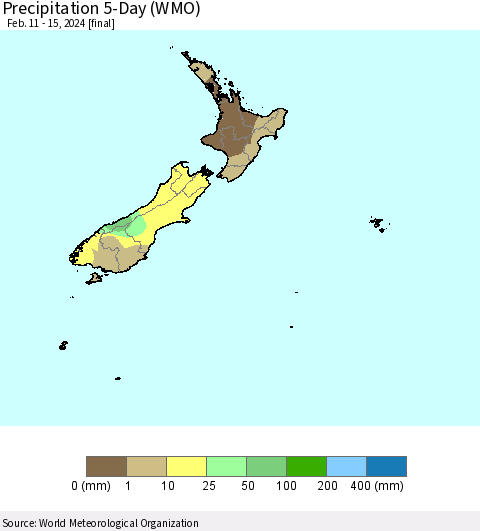 New Zealand Precipitation 5-Day (WMO) Thematic Map For 2/11/2024 - 2/15/2024