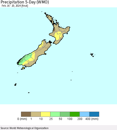 New Zealand Precipitation 5-Day (WMO) Thematic Map For 2/16/2024 - 2/20/2024