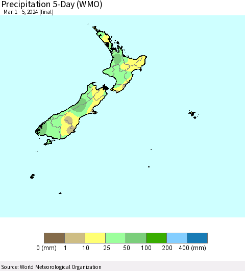 New Zealand Precipitation 5-Day (WMO) Thematic Map For 3/1/2024 - 3/5/2024