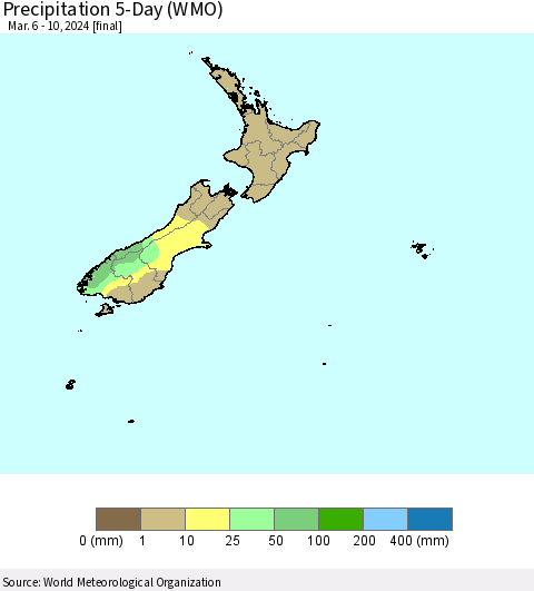 New Zealand Precipitation 5-Day (WMO) Thematic Map For 3/6/2024 - 3/10/2024