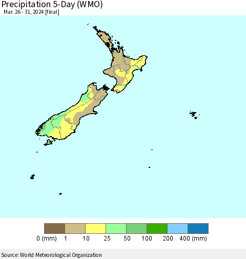 New Zealand Precipitation 5-Day (WMO) Thematic Map For 3/26/2024 - 3/31/2024