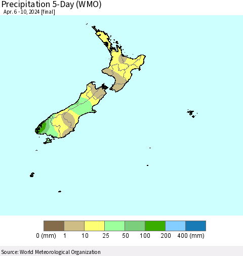 New Zealand Precipitation 5-Day (WMO) Thematic Map For 4/6/2024 - 4/10/2024