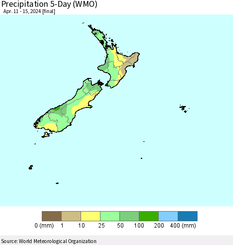 New Zealand Precipitation 5-Day (WMO) Thematic Map For 4/11/2024 - 4/15/2024