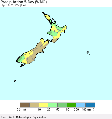New Zealand Precipitation 5-Day (WMO) Thematic Map For 4/16/2024 - 4/20/2024