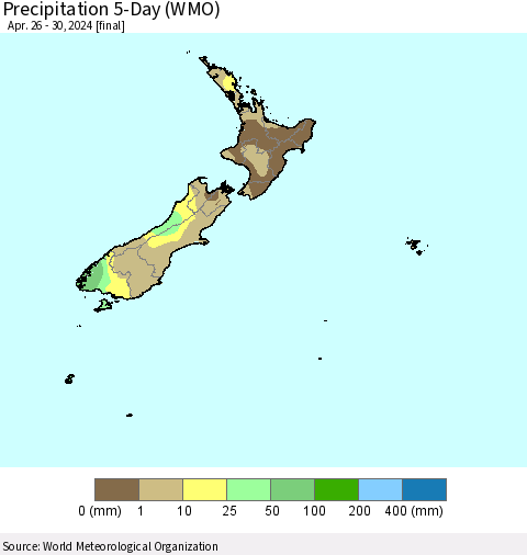 New Zealand Precipitation 5-Day (WMO) Thematic Map For 4/26/2024 - 4/30/2024