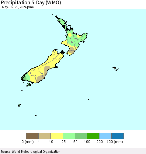 New Zealand Precipitation 5-Day (WMO) Thematic Map For 5/16/2024 - 5/20/2024