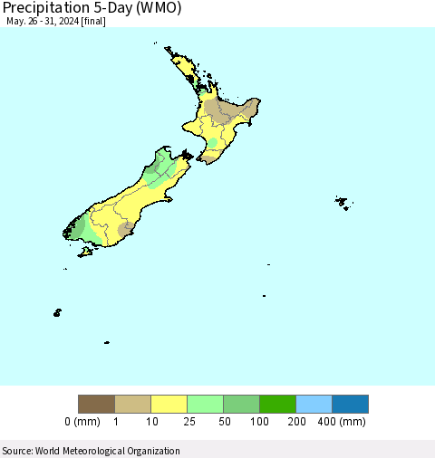 New Zealand Precipitation 5-Day (WMO) Thematic Map For 5/26/2024 - 5/31/2024