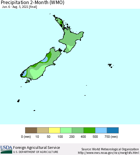 New Zealand Precipitation 2-Month (WMO) Thematic Map For 6/6/2021 - 8/5/2021