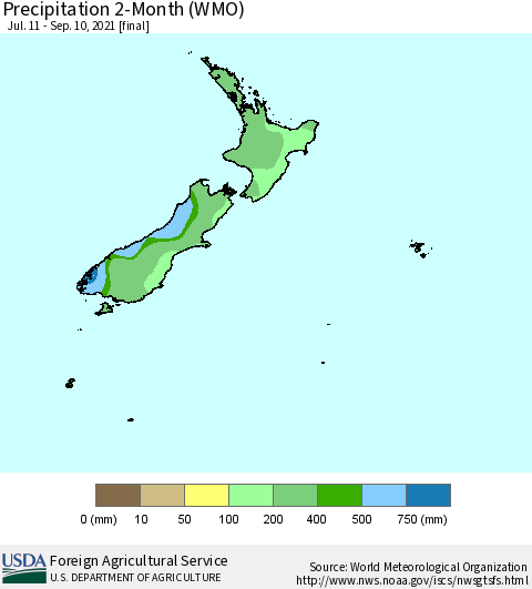New Zealand Precipitation 2-Month (WMO) Thematic Map For 7/11/2021 - 9/10/2021