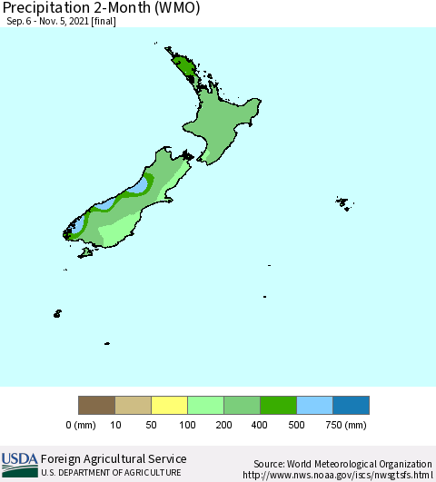 New Zealand Precipitation 2-Month (WMO) Thematic Map For 9/6/2021 - 11/5/2021