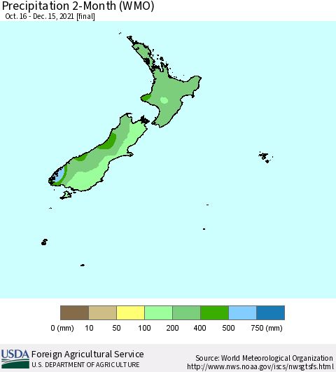 New Zealand Precipitation 2-Month (WMO) Thematic Map For 10/16/2021 - 12/15/2021