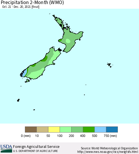 New Zealand Precipitation 2-Month (WMO) Thematic Map For 10/21/2021 - 12/20/2021