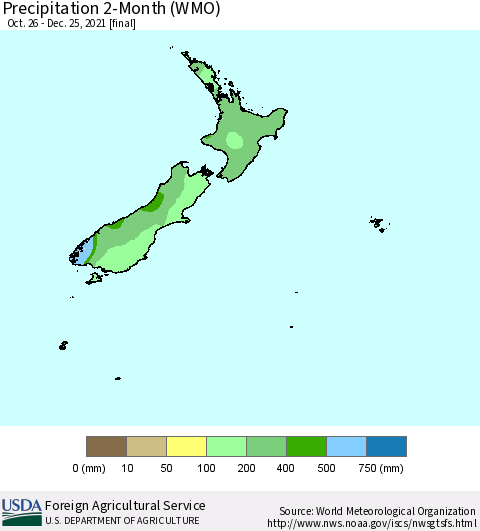 New Zealand Precipitation 2-Month (WMO) Thematic Map For 10/26/2021 - 12/25/2021