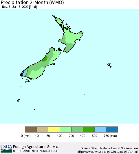 New Zealand Precipitation 2-Month (WMO) Thematic Map For 11/6/2021 - 1/5/2022