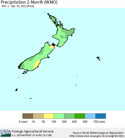 New Zealand Precipitation 2-Month (WMO) Thematic Map For 3/1/2022 - 4/30/2022