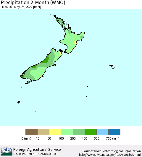 New Zealand Precipitation 2-Month (WMO) Thematic Map For 3/26/2022 - 5/25/2022