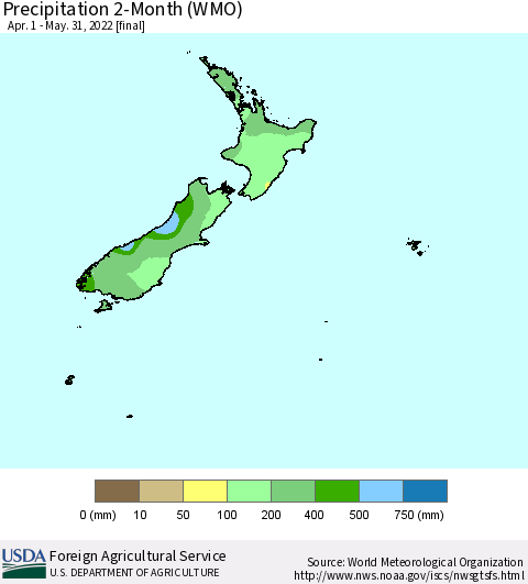 New Zealand Precipitation 2-Month (WMO) Thematic Map For 4/1/2022 - 5/31/2022