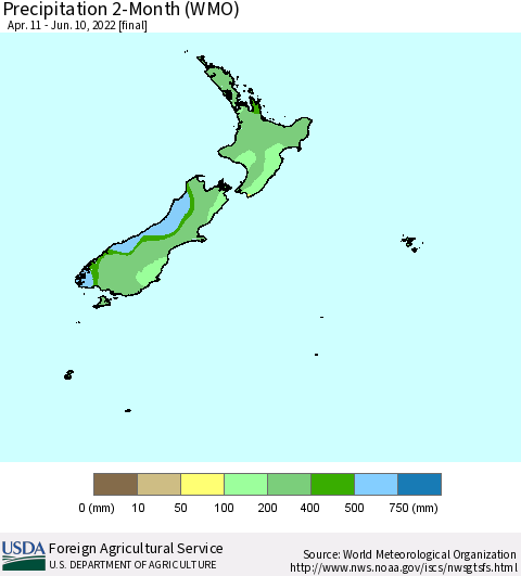 New Zealand Precipitation 2-Month (WMO) Thematic Map For 4/11/2022 - 6/10/2022
