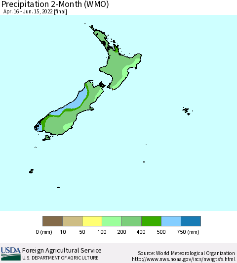New Zealand Precipitation 2-Month (WMO) Thematic Map For 4/16/2022 - 6/15/2022