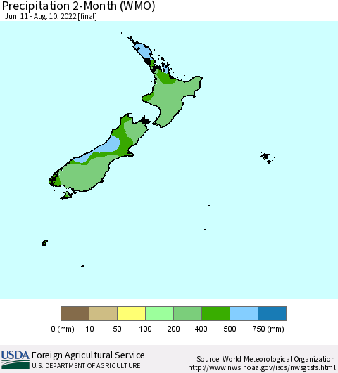 New Zealand Precipitation 2-Month (WMO) Thematic Map For 6/11/2022 - 8/10/2022