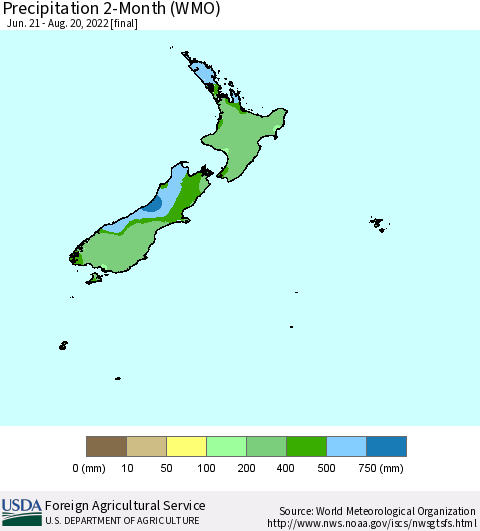 New Zealand Precipitation 2-Month (WMO) Thematic Map For 6/21/2022 - 8/20/2022