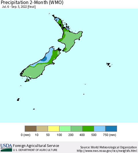 New Zealand Precipitation 2-Month (WMO) Thematic Map For 7/6/2022 - 9/5/2022