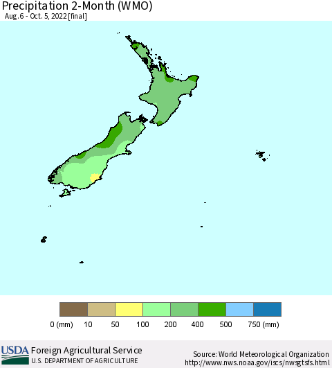 New Zealand Precipitation 2-Month (WMO) Thematic Map For 8/6/2022 - 10/5/2022