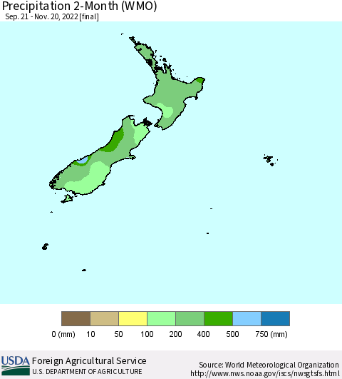 New Zealand Precipitation 2-Month (WMO) Thematic Map For 9/21/2022 - 11/20/2022