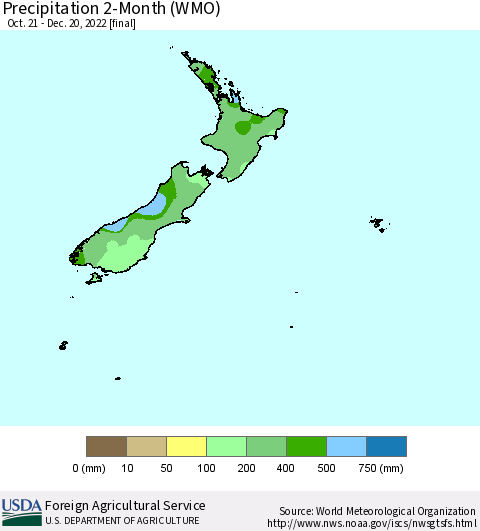 New Zealand Precipitation 2-Month (WMO) Thematic Map For 10/21/2022 - 12/20/2022