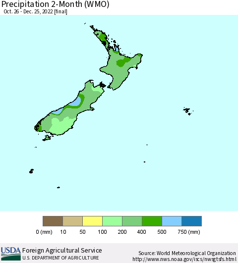 New Zealand Precipitation 2-Month (WMO) Thematic Map For 10/26/2022 - 12/25/2022