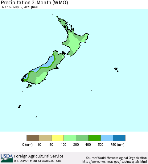 New Zealand Precipitation 2-Month (WMO) Thematic Map For 3/6/2023 - 5/5/2023