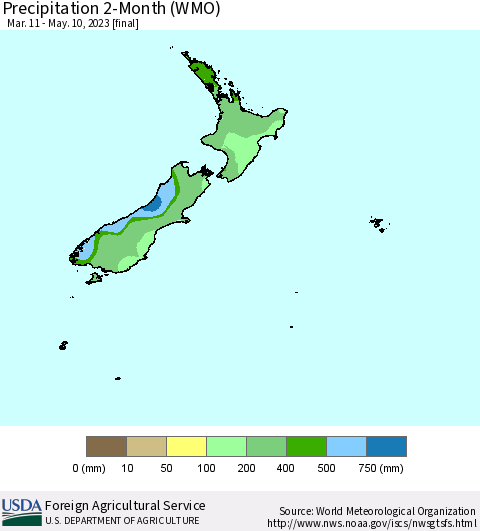 New Zealand Precipitation 2-Month (WMO) Thematic Map For 3/11/2023 - 5/10/2023