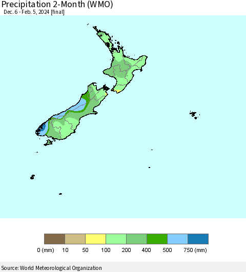 New Zealand Precipitation 2-Month (WMO) Thematic Map For 12/6/2023 - 2/5/2024