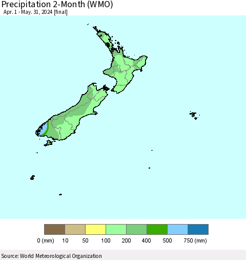 New Zealand Precipitation 2-Month (WMO) Thematic Map For 4/1/2024 - 5/31/2024