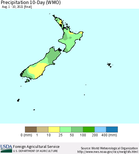 New Zealand Precipitation 10-Day (WMO) Thematic Map For 8/1/2021 - 8/10/2021