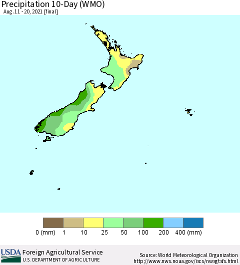 New Zealand Precipitation 10-Day (WMO) Thematic Map For 8/11/2021 - 8/20/2021