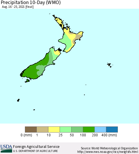 New Zealand Precipitation 10-Day (WMO) Thematic Map For 8/16/2021 - 8/25/2021